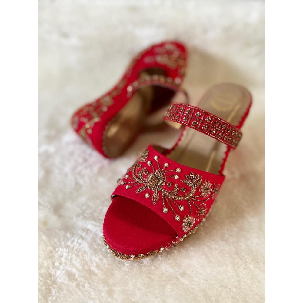 Modanta Red Embroidered Wedges