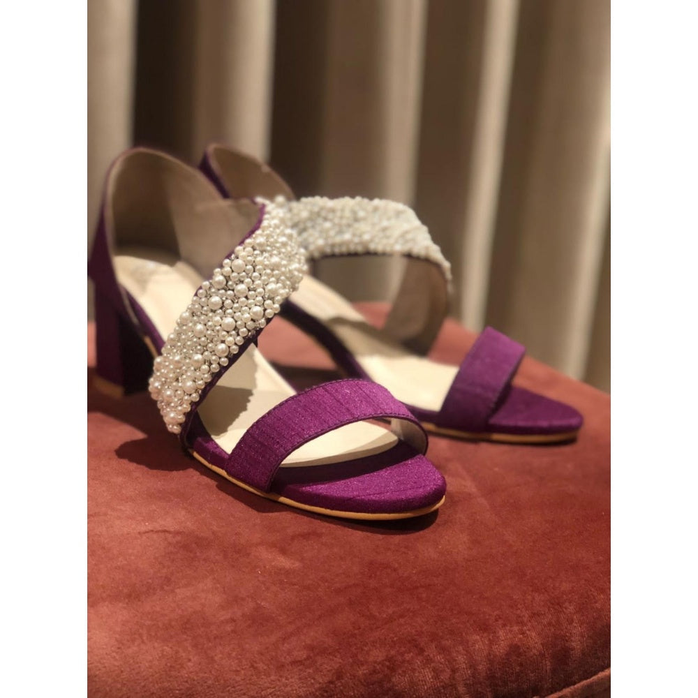Modanta Purple Cross Strap Pearl Heels