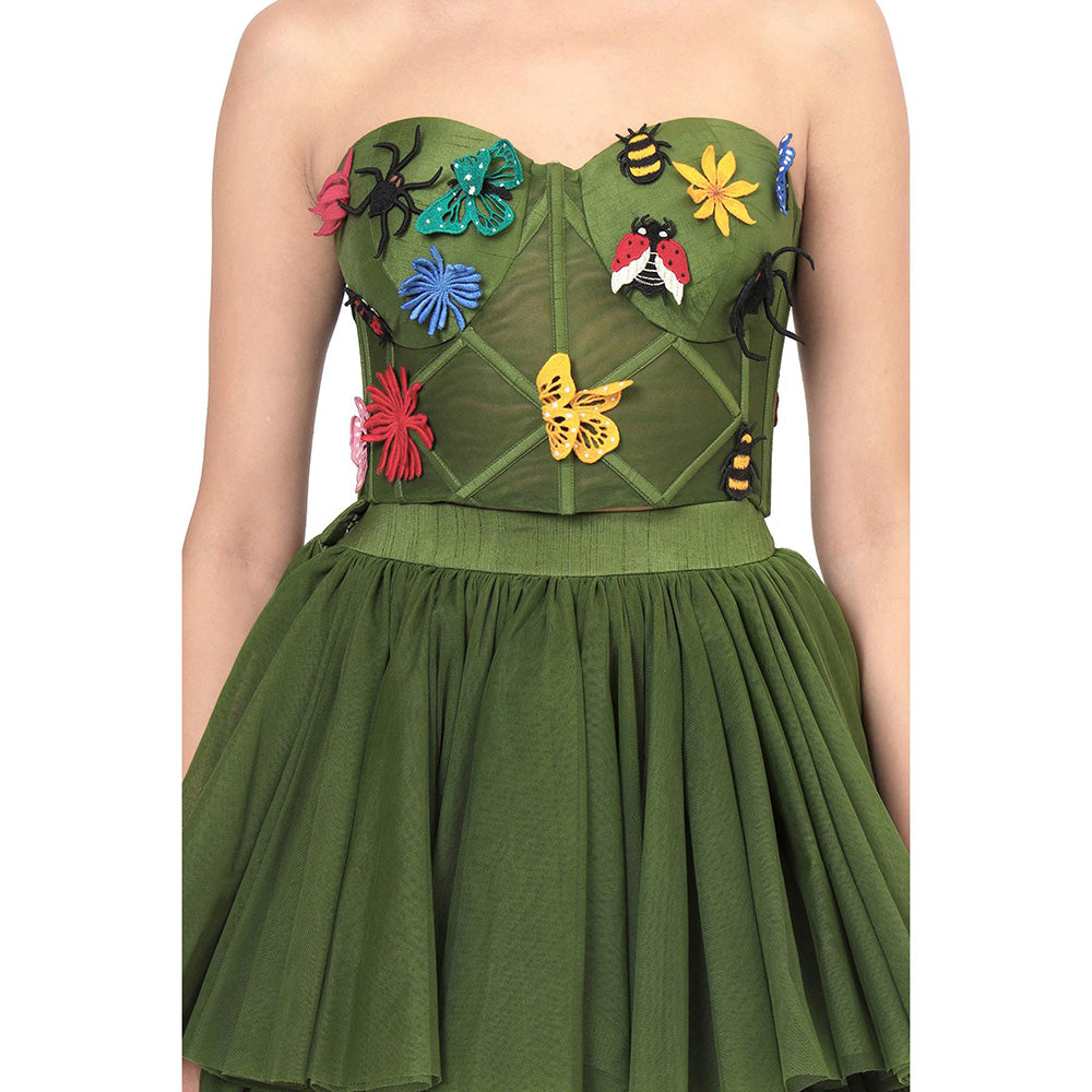 MODO CALDO Womens Embroidered Green Crop Top with Skirt