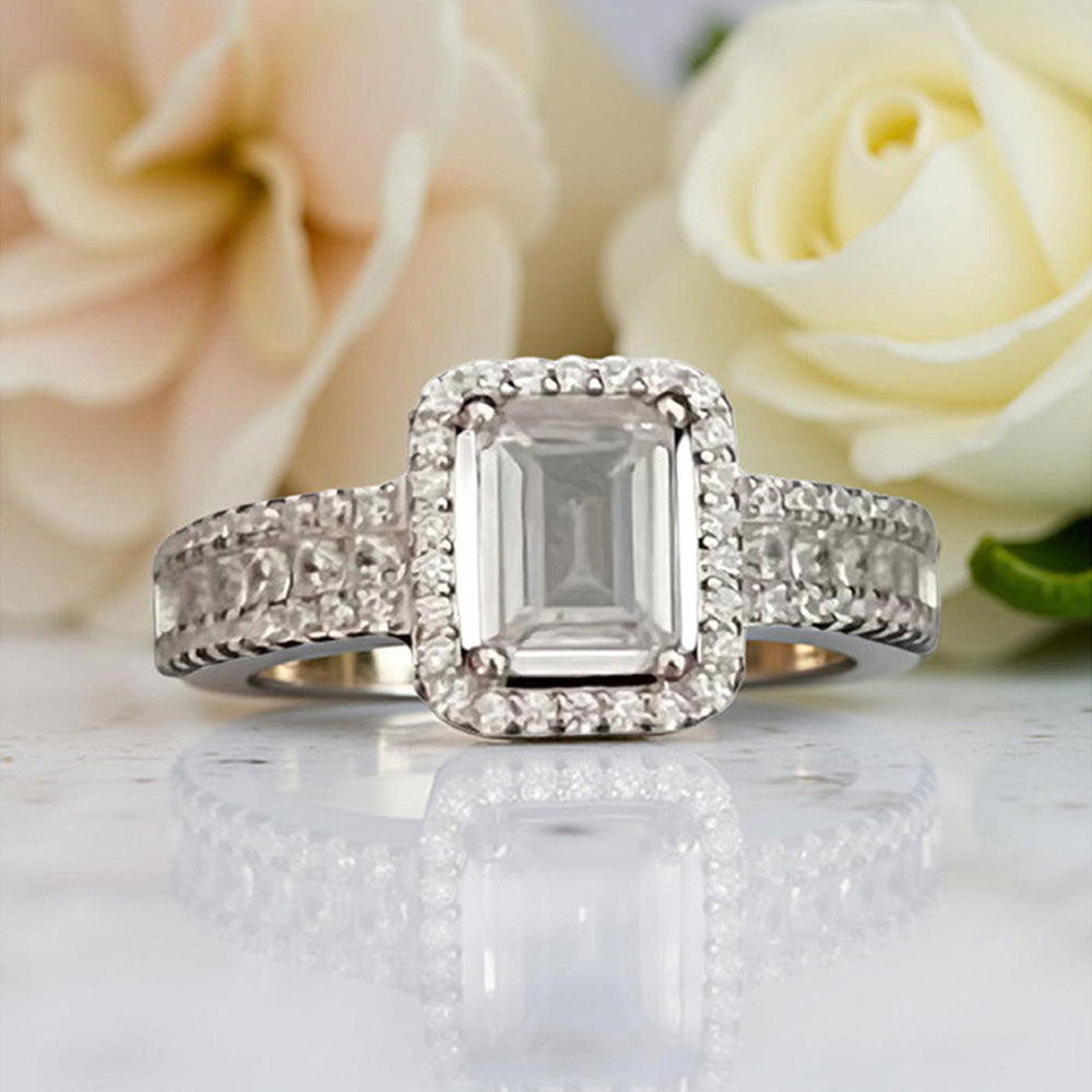 Mon Tresor Emerald Cut Dia With Halo And Half Dia Ring - White