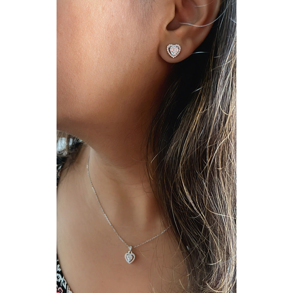 Mon Tresor 0.50 Cents Heart Diamond With Halo Pendant Necklace with Pair Of Earrings - White