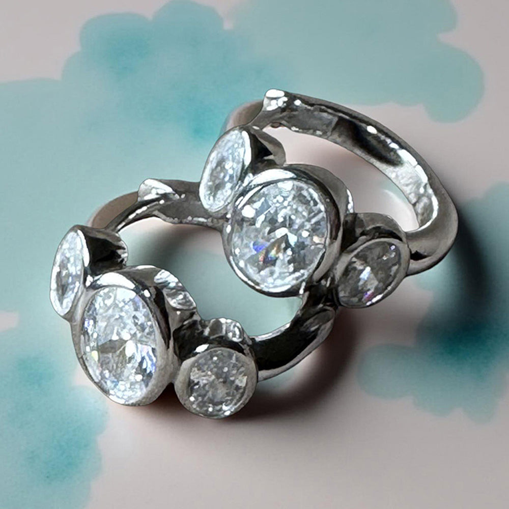 Mon Tresor 3 Graded Oval Solitaire Bali In Bezel Setting Earrings- White