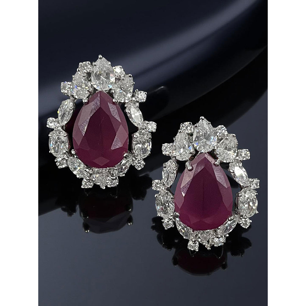 Mon Tresor Pear Shaped Ruby Stud Earrings Different Shaped Diamond Halo - Red