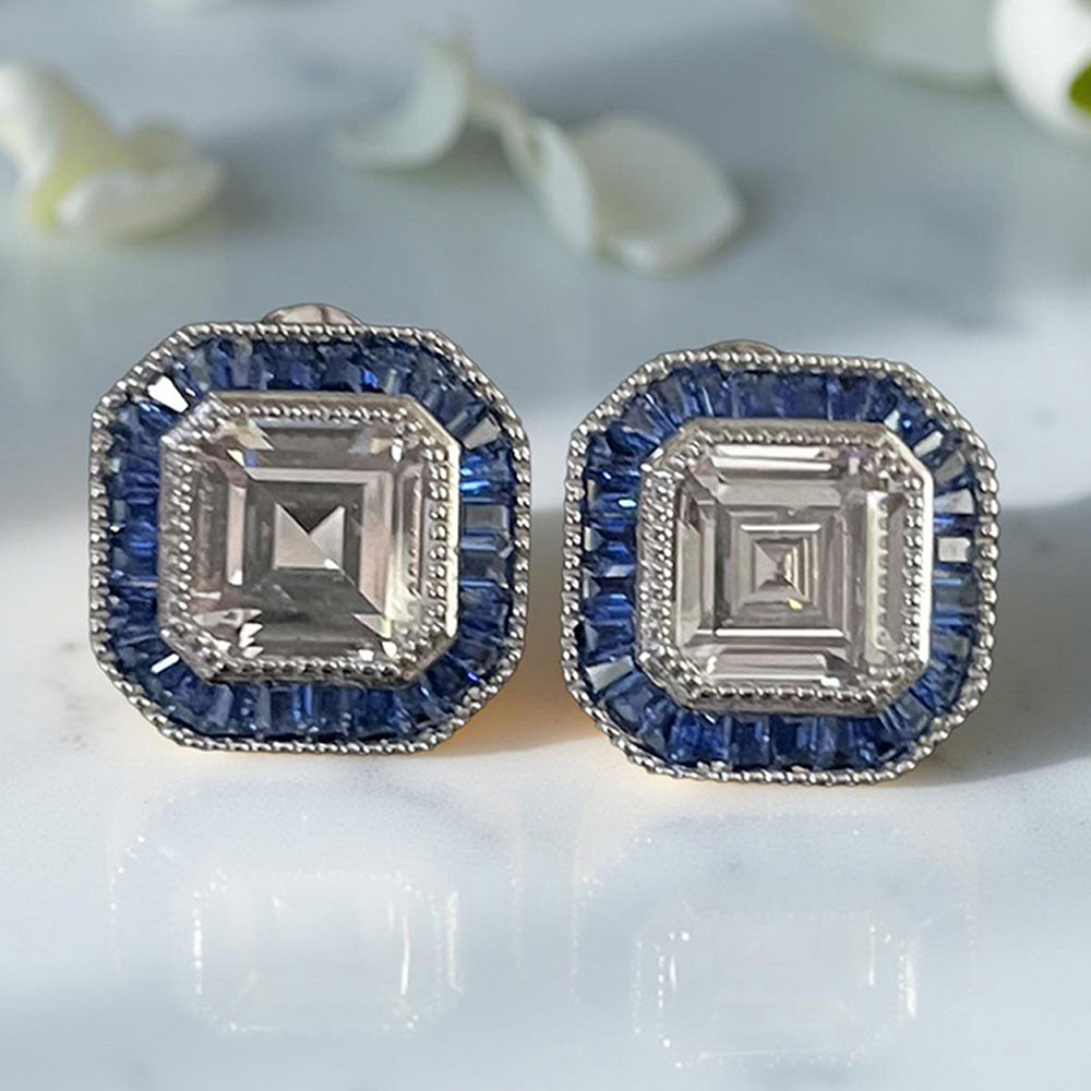 Mon Tresor Asscher Cut Diamond Blue Baguette Halo Stud Earrings