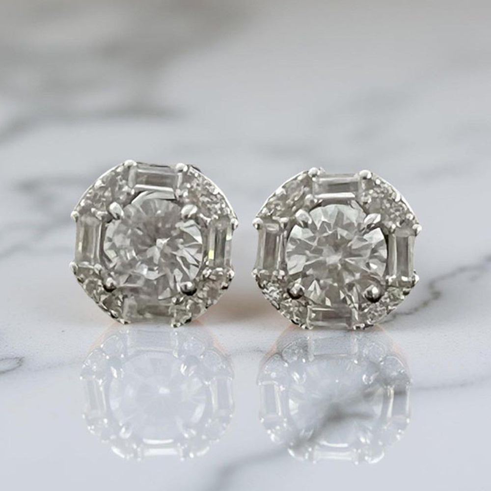 Mon Tresor White 50 Cents Round Solitaire With Baguette Halo Earrings