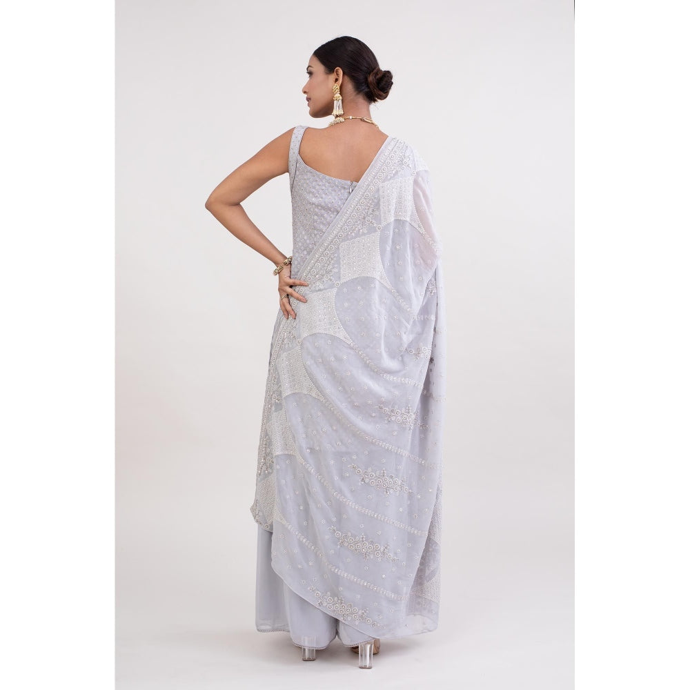 Monika Mathuria Datta Grey Embroidered Kurta with Palazzo and Dupatta (Set of 3)