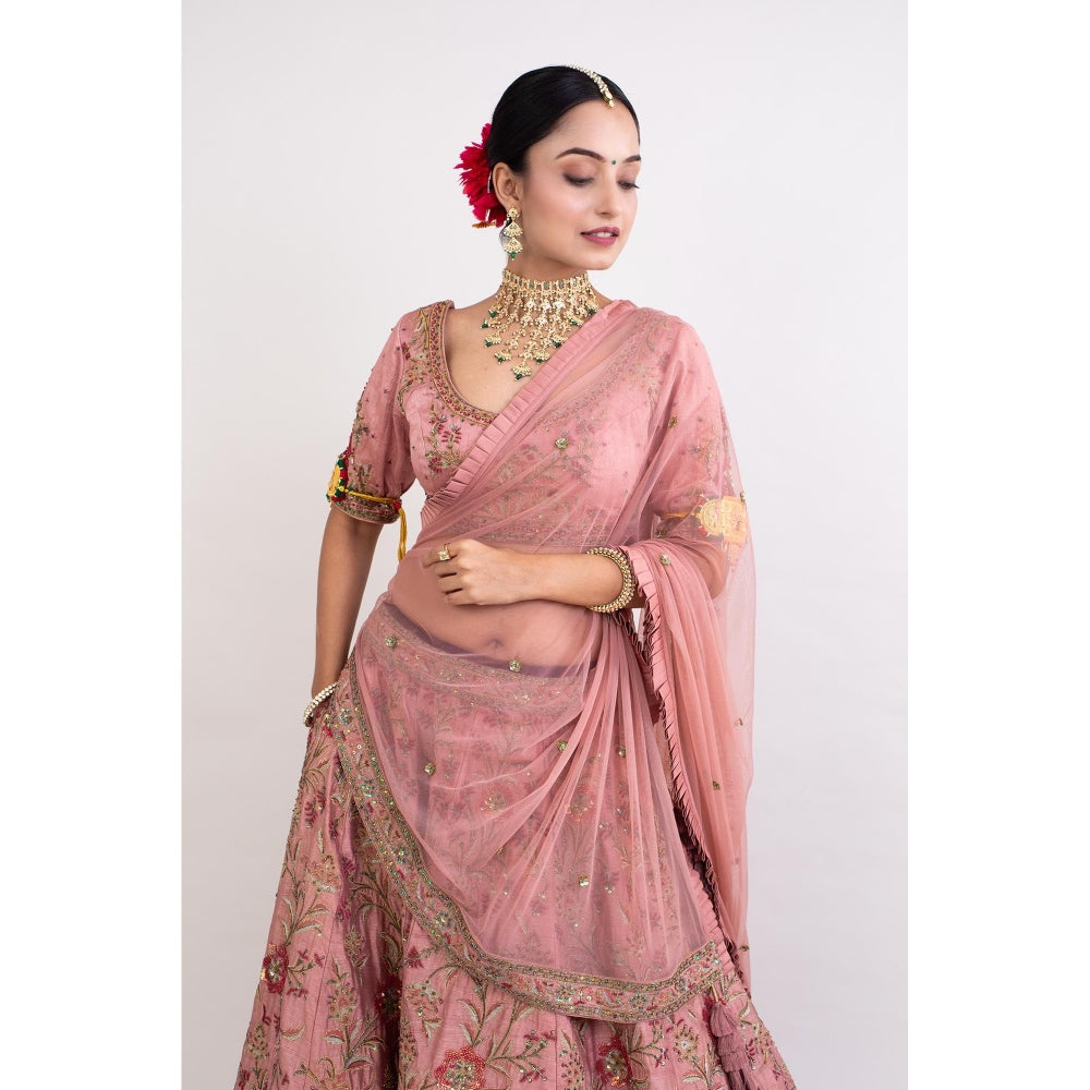 Monika Mathuria Datta Pink Embroidered Stitched Blouse with Lehenga and Dupatta (Set of 3)