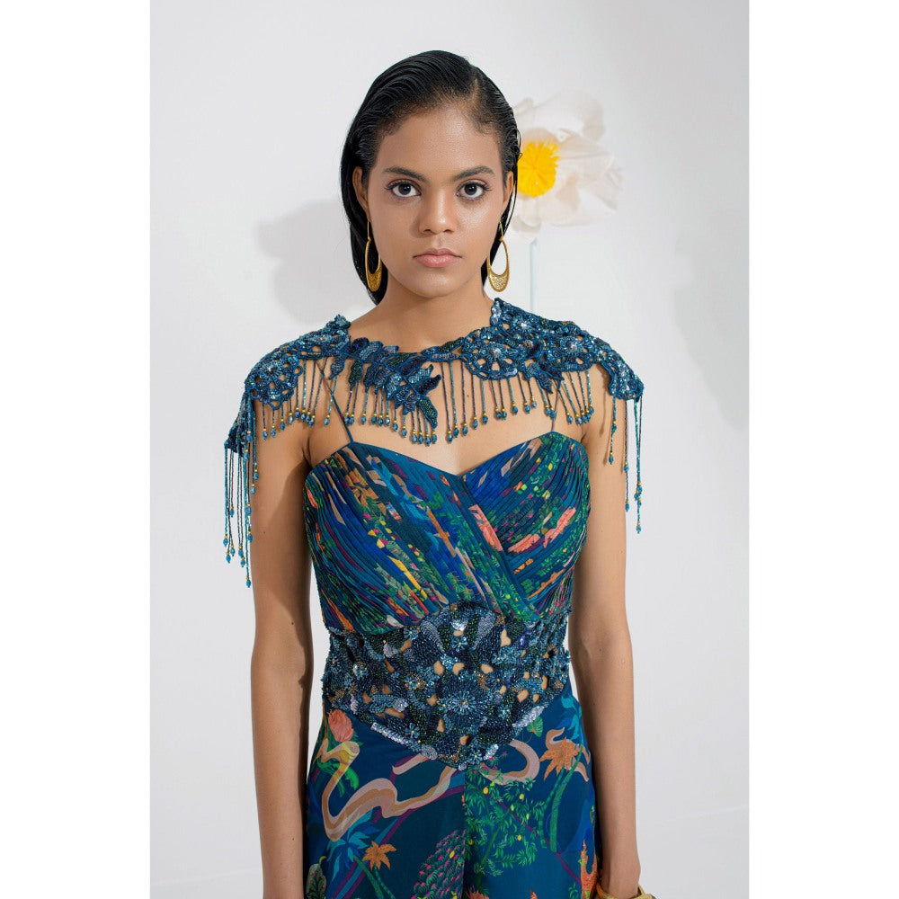 Muskan Aggarwal Rhae Embellished Floral Print Jumpsuit and Cape (Set of 2)