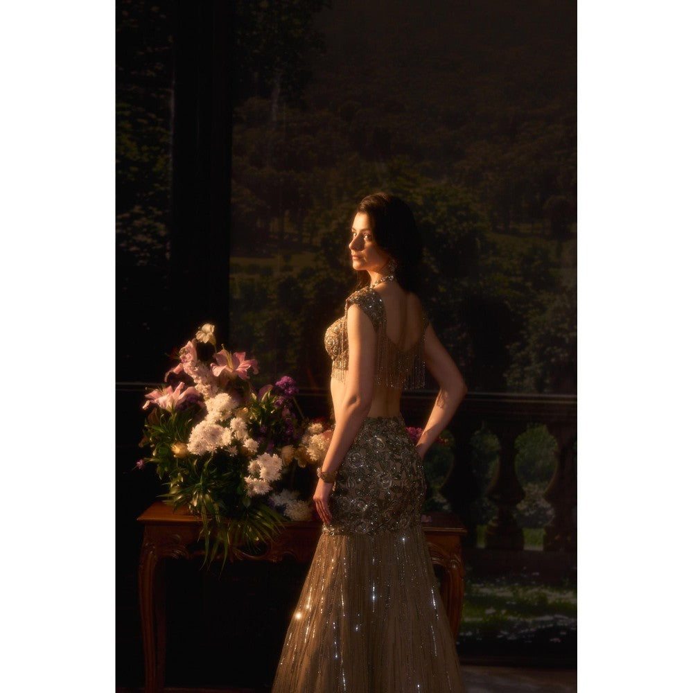 Muskan Aggarwal Zarreen Embellished Brown Stitched Blouse with Lehenga and Dupatta