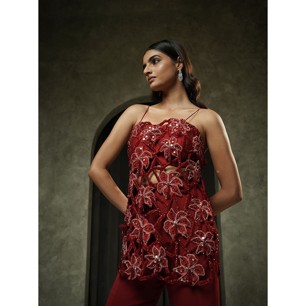 Muskan Aggarwal Womens Georgette Mirror Work Maroon Top with Sharara