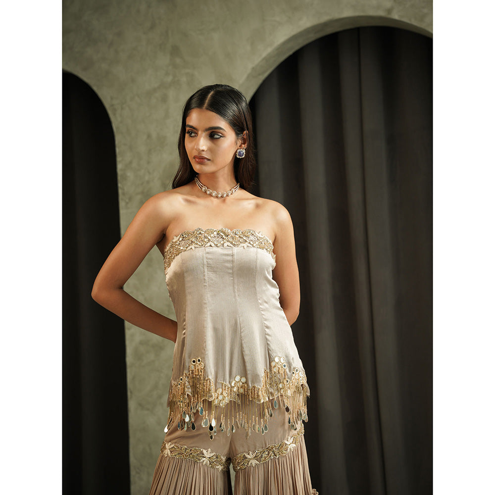 Muskan Aggarwal Womens Georgette Sequined Taupe Top with Sharara and Dupatta