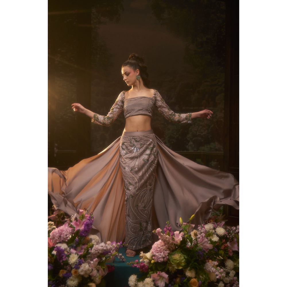Muskan Aggarwal Women Satin Taupe Crop Top with Skirt and Trail
