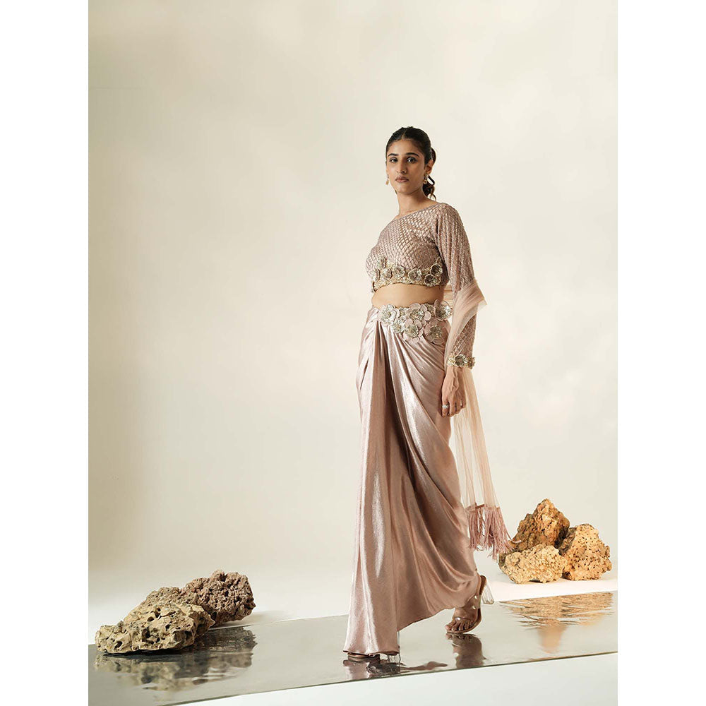 Muskan Aggarwal Blush Pink Embroidered Blouse with Skirt & Tassel Dupatta
