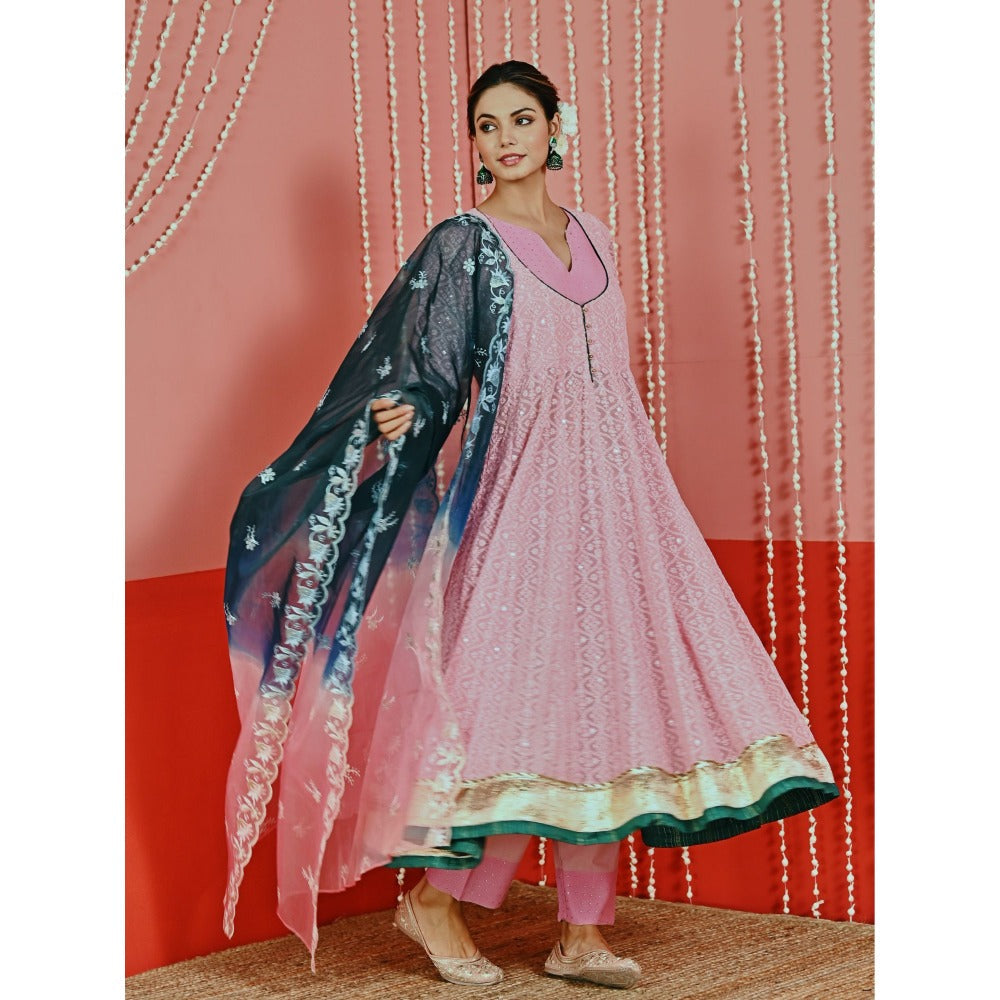 Myaara Pink Embroidered Georgette Anarkali And Pant With Ombre Organza Dupatta (Set of 3)