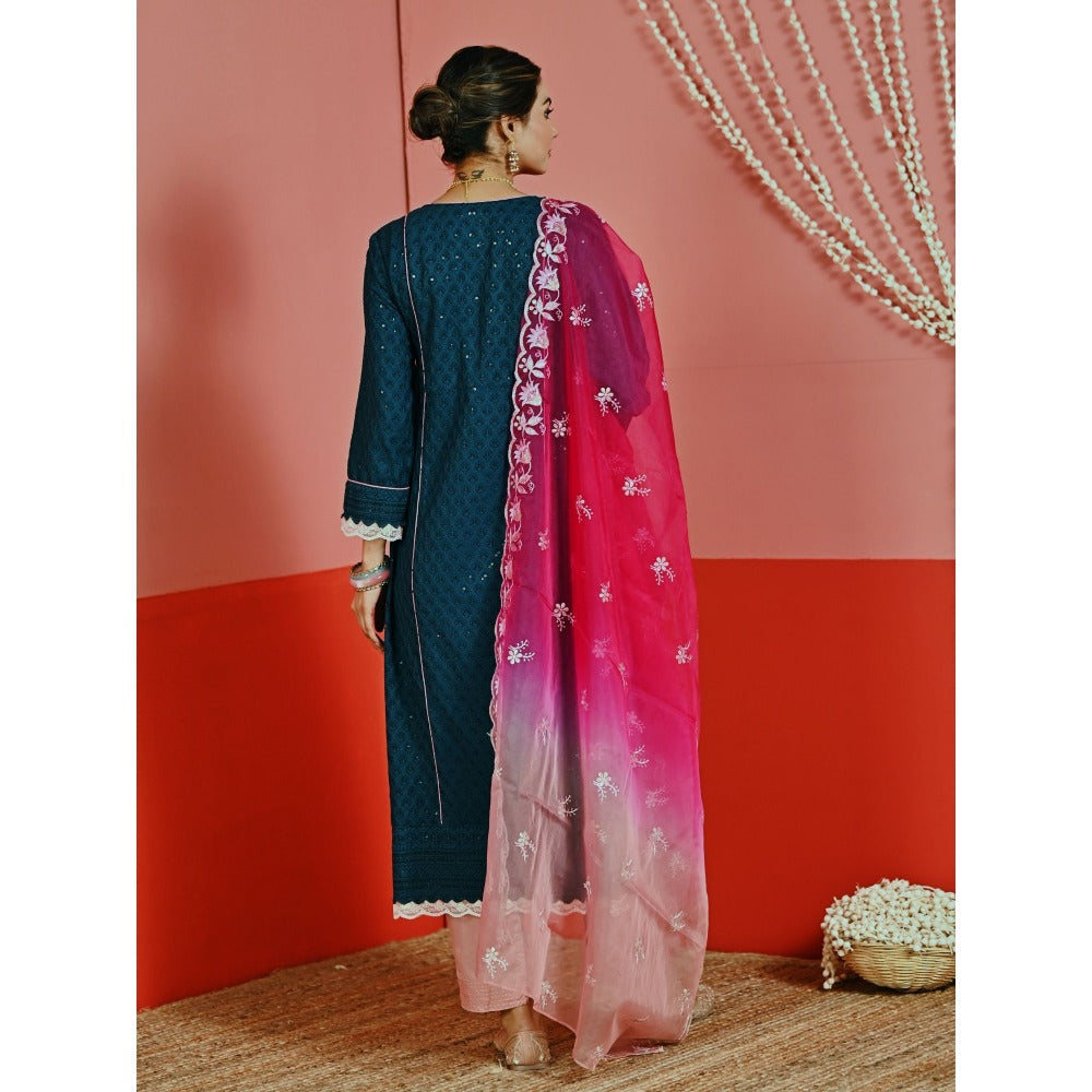 Myaara Teal Sequin Embroidered A-Line Kurta And Pant With Organza Dupatta (Set of 3)