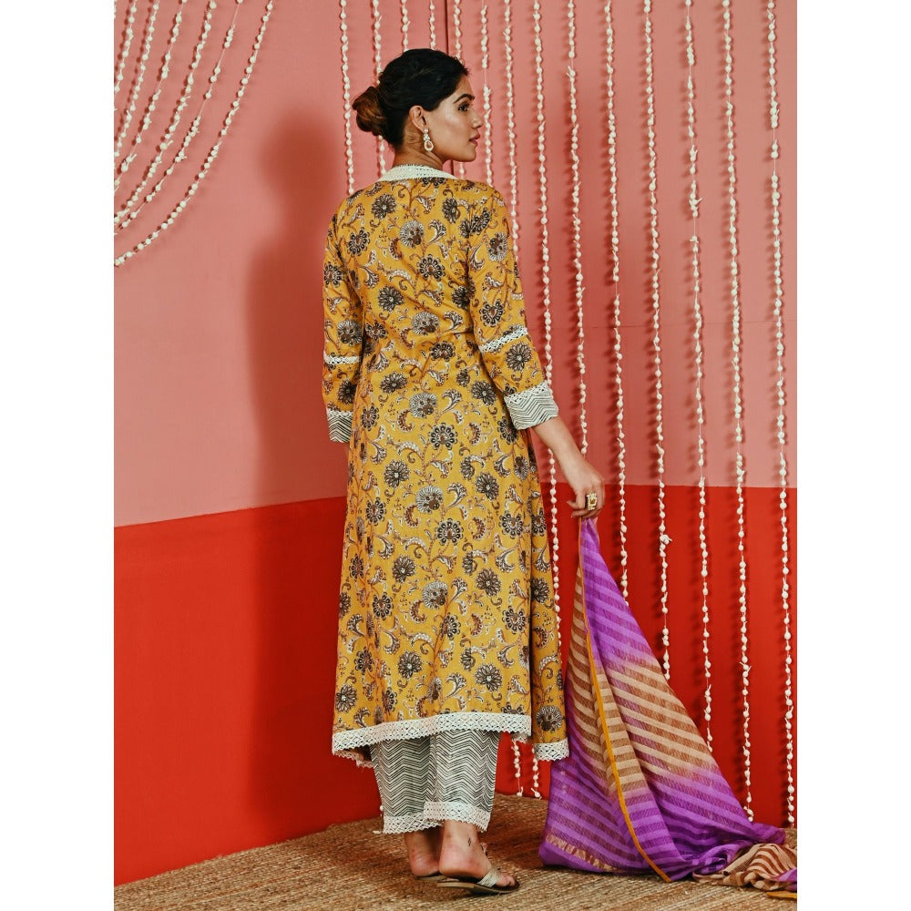 Myaara Mustard Printed Cotton Ethnic Angarkha Kurta And Pant With Ombre Dupatta (Set of 3)