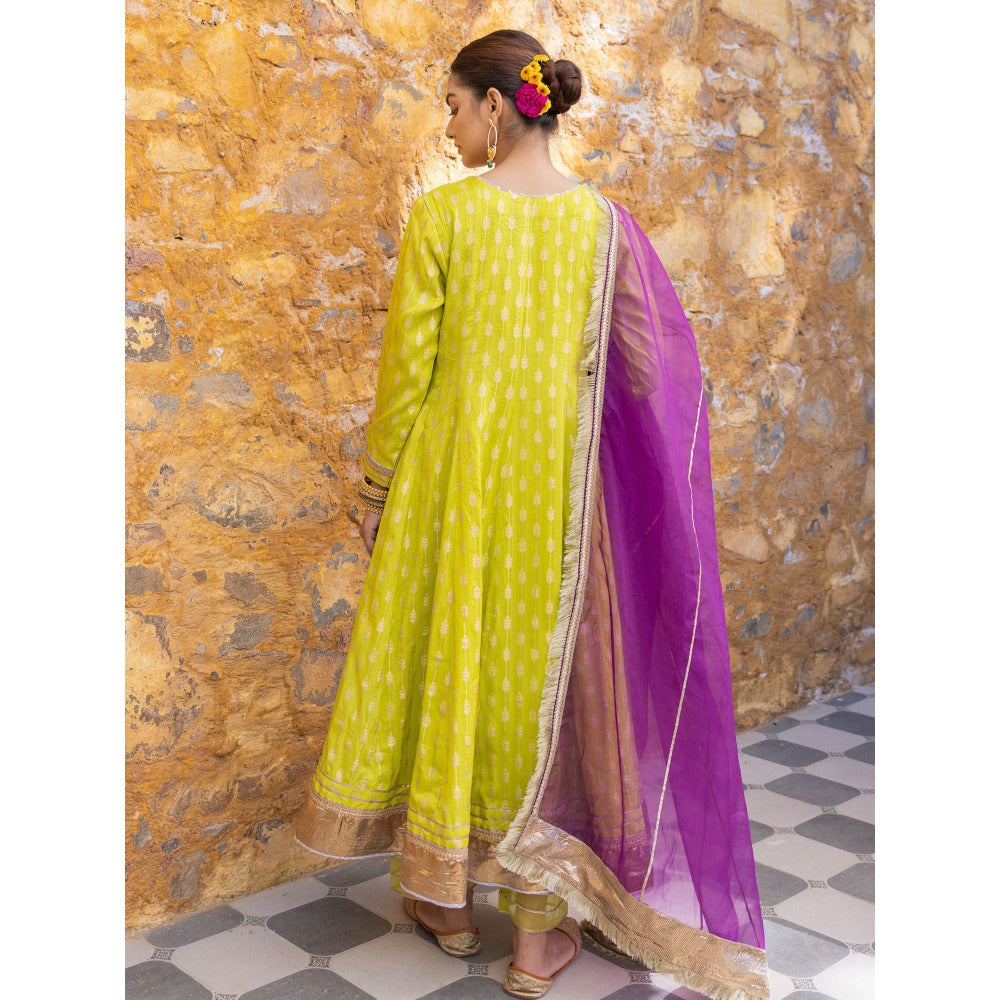 Myaara Lime Green Sequined Anarkali Kurta with Pant and Dupatta (Set of 3)