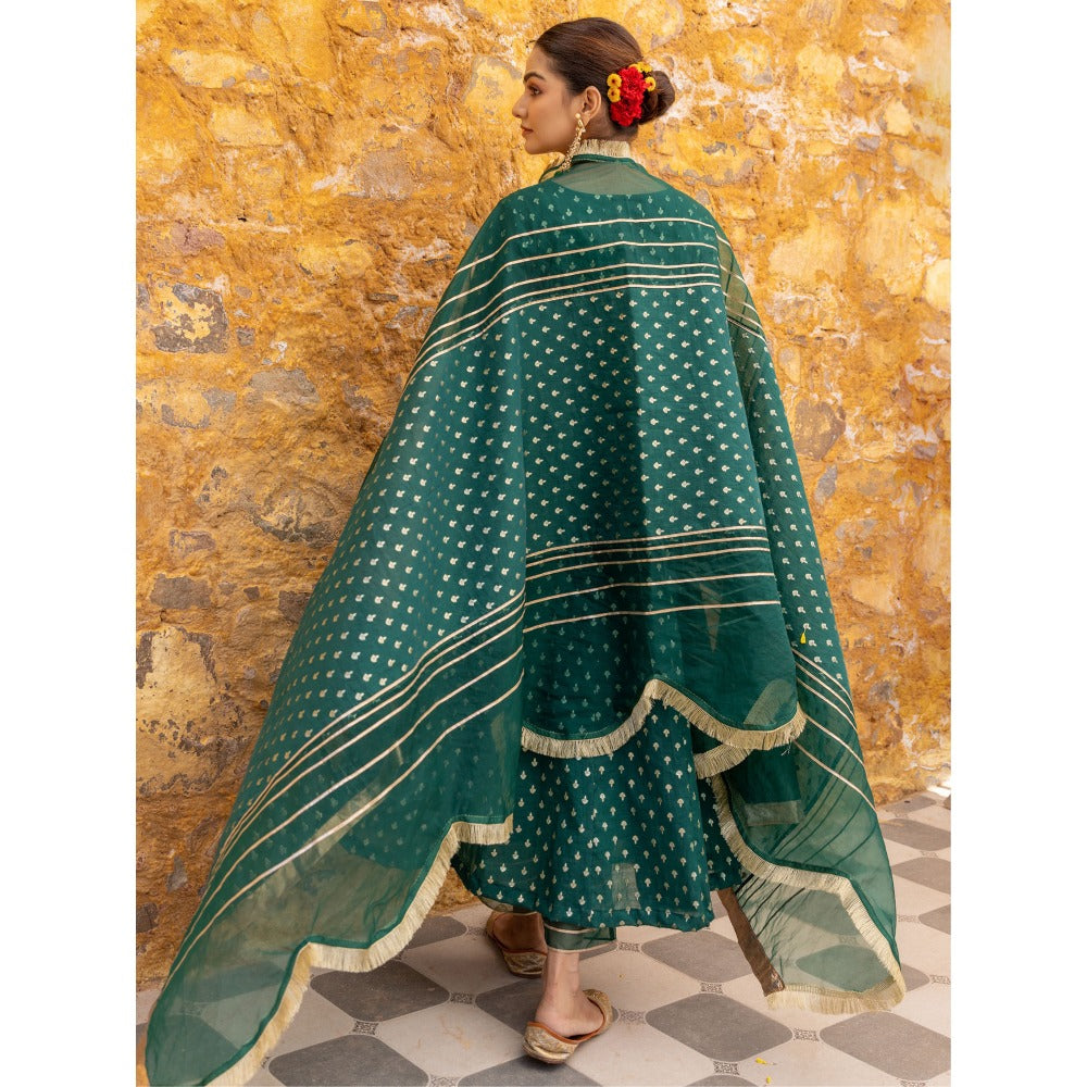 Myaara Emerald Green Embellished Anarkali Kurta with Pant and Dupatta (Set of 3)