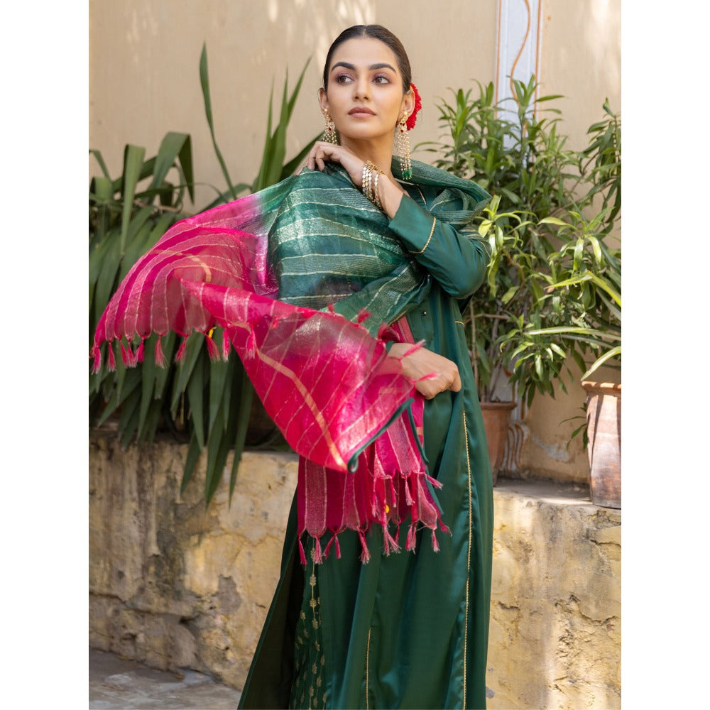 Myaara Forest Green Embroidered A-Line Kurta with Pant and Dupatta (Set of 3)