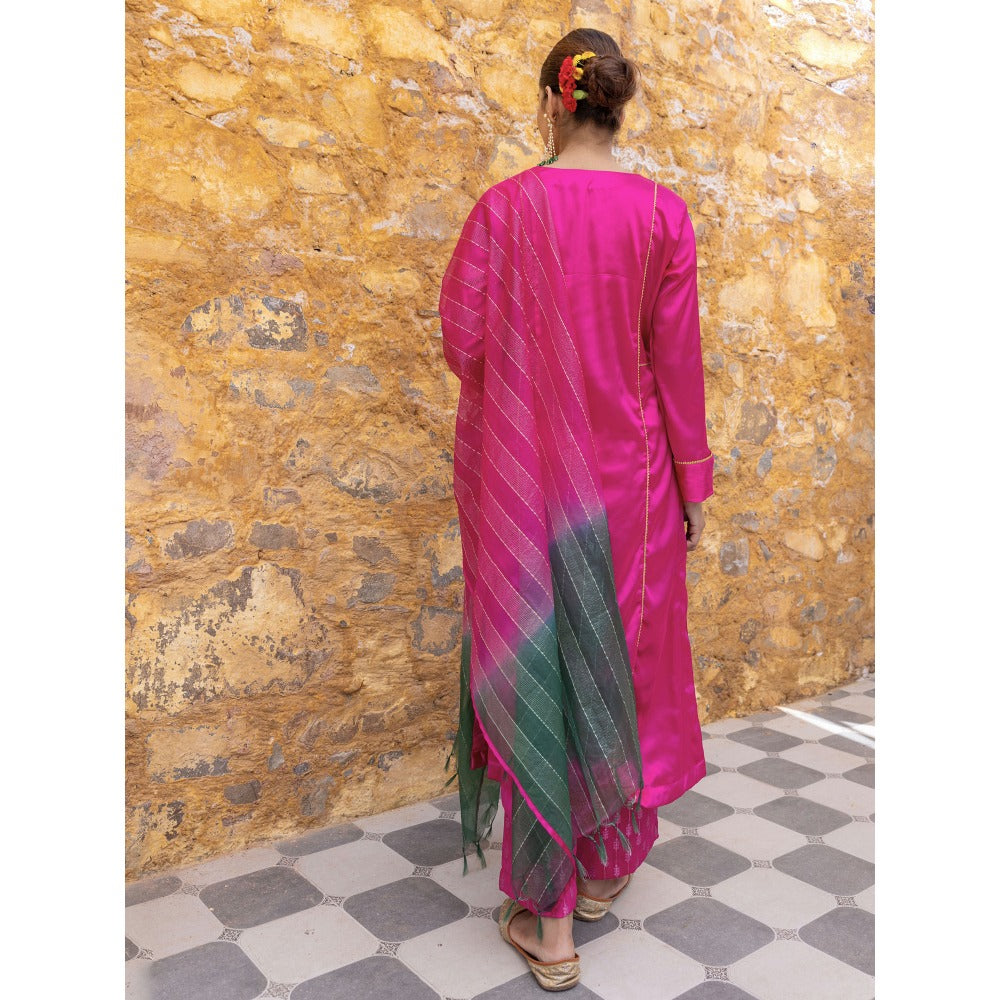 Myaara Fuchsia Pink Embroidered A-Line Kurta with Pant and Dupatta (Set of 3)