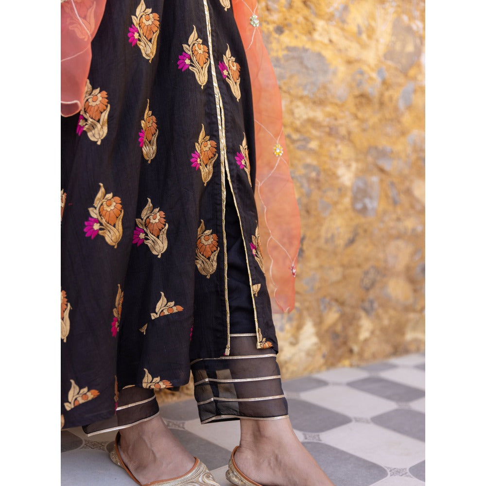 Myaara Black Embroidered Flared Anarkali Kurta with Pant and Dupatta (Set of 3)