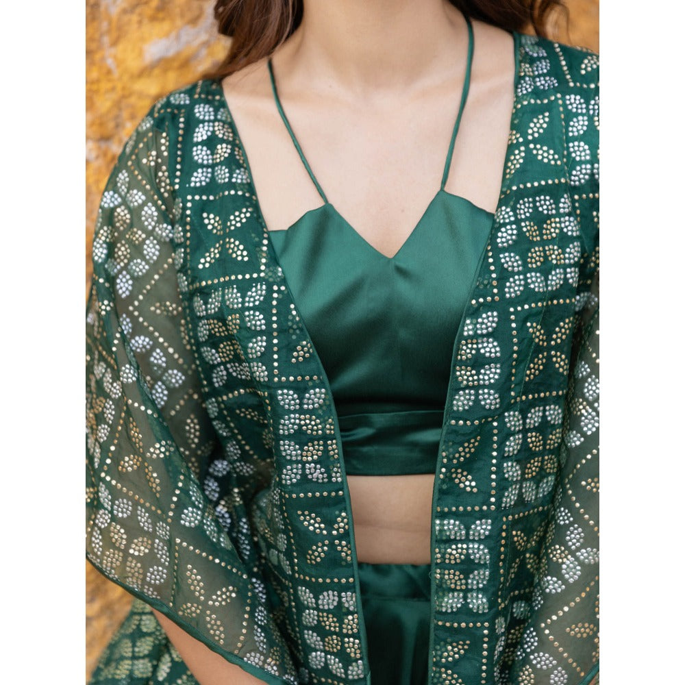Myaara Green Satin Crop Top with Embellished Organza Cape & Palazzo (Set of 3)