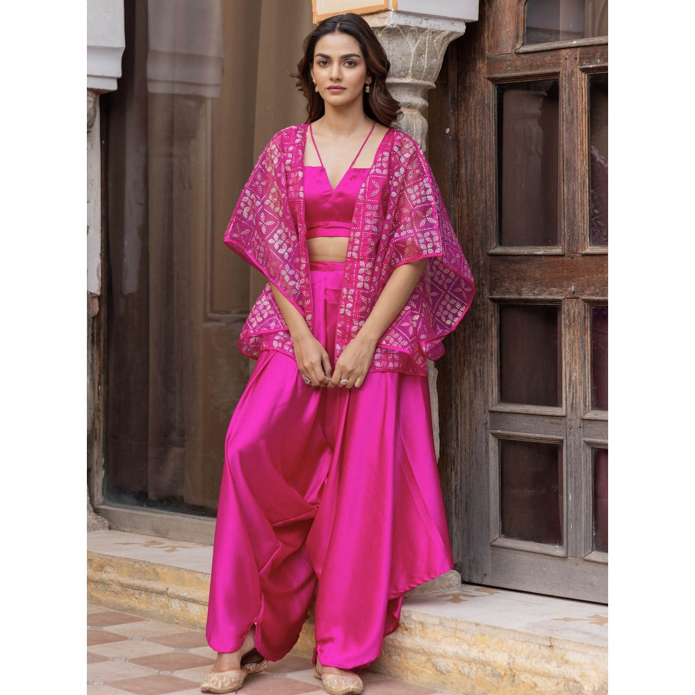 Myaara Fuchsia Pink Satin Crop Top with Embellished Organza Cape & Palazzo (Set of 3)