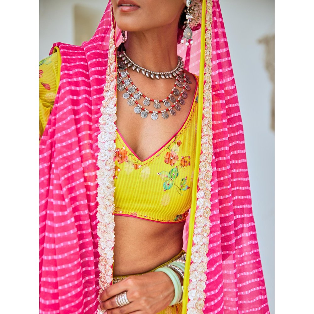 Myaara Lemon Green Tissue Chanderi Floral Lehenga With Blouse and Leheriya Dupatta (Set of 3)