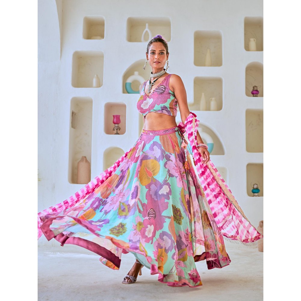 Myaara Aqua Blue Floral Embellished Lehenga With Blouse and Leheriya Dupatta (Set of 3)