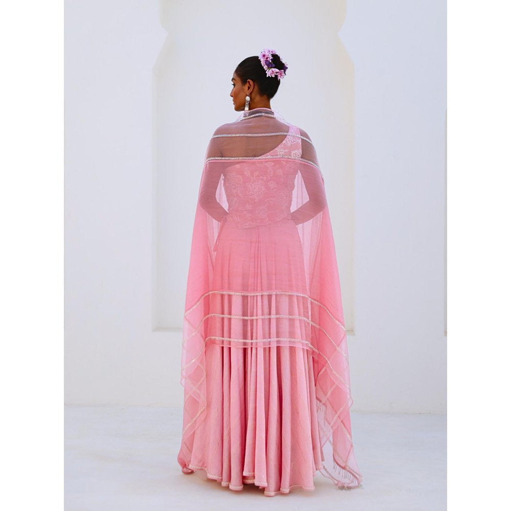 Myaara Soft Pink Embroidered Chanderi Lehenga With Blouse and Organza Dupatta (Set of 3)