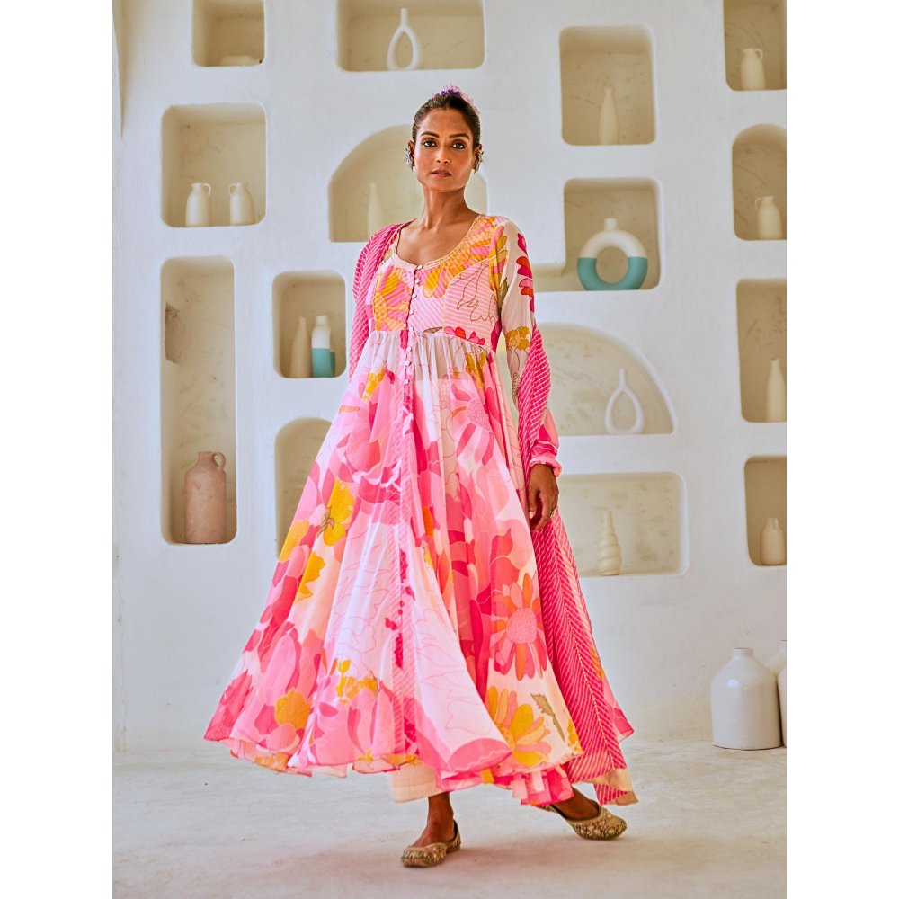 Myaara White & Pink Floral Chiffon Flared Anarkali with Pant Leheriya Dupatta (Set of 3)