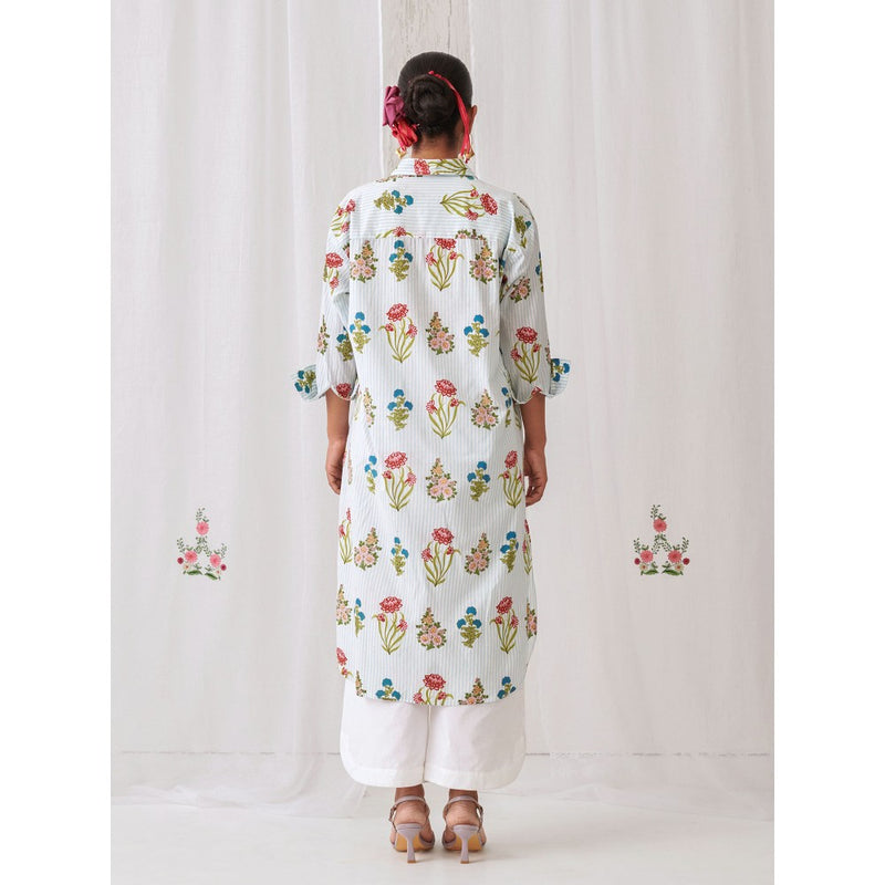 Myaara Blue Floral Shirt Style Kurta Paired with Curved Hem White Palazzo (Set of 2)