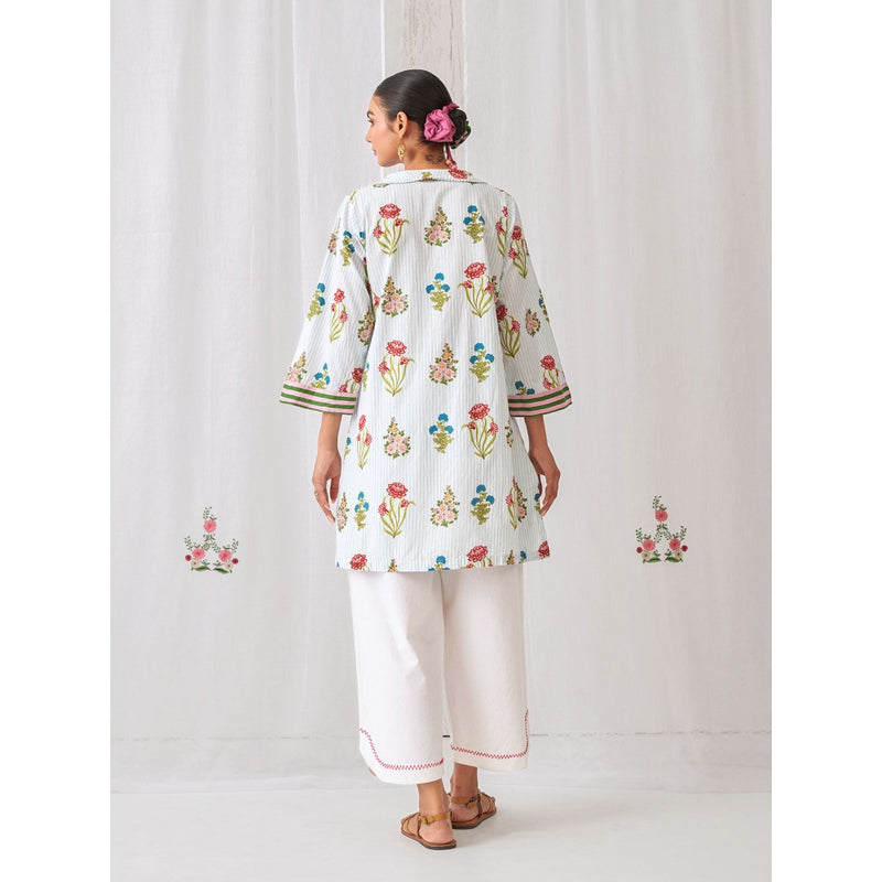 Myaara Blue Floral Collared Kurta Paired with Curved Hem White Palazzo (Set of 2)