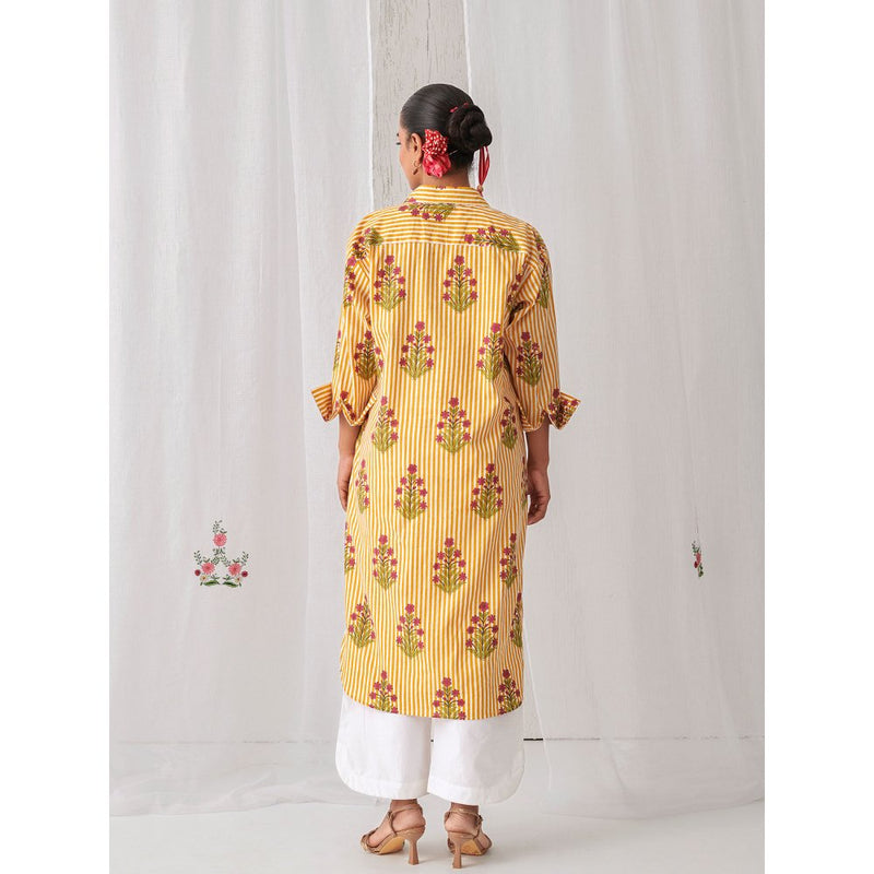 Myaara Yellow Floral Shirt Style Kurta Paired With Curved Hem White Palazzo (Set of 2)