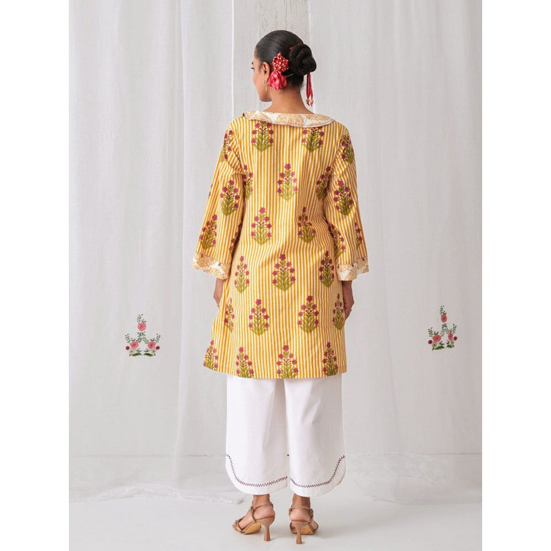 Myaara Yellow Floral Collared Kurta Paired With Curved Hem White Palazzo (Set of 2)