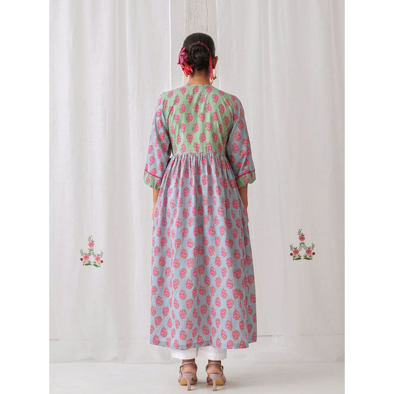 Myaara Mint Green & Blue Floral Angrakha Kurta Paired With Straight White Pant (Set of 2)