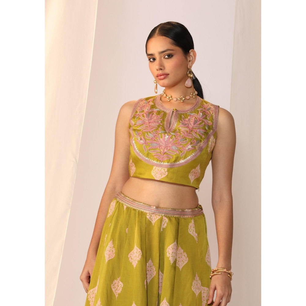 Myoho Hand Embroidery Block Printed Lehenga with Choli & Dupatta (Set of 3)