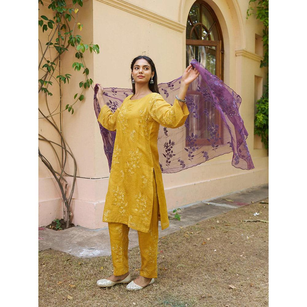 Naaz By Noor Kikli Mustard Embroidered Kurta with Pant and Dupatta (Set of 3)