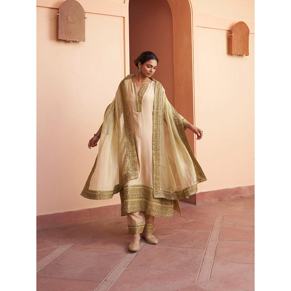 Naaz By Noor Kikli Beige Embroidered Anarkali with Pant and Dupatta (Set of 3)