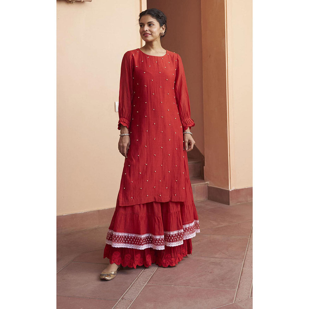 Naaz By Noor Kikli Crimson Red Embroidered Kurta with Sharara and Dupatta (Set of 3)