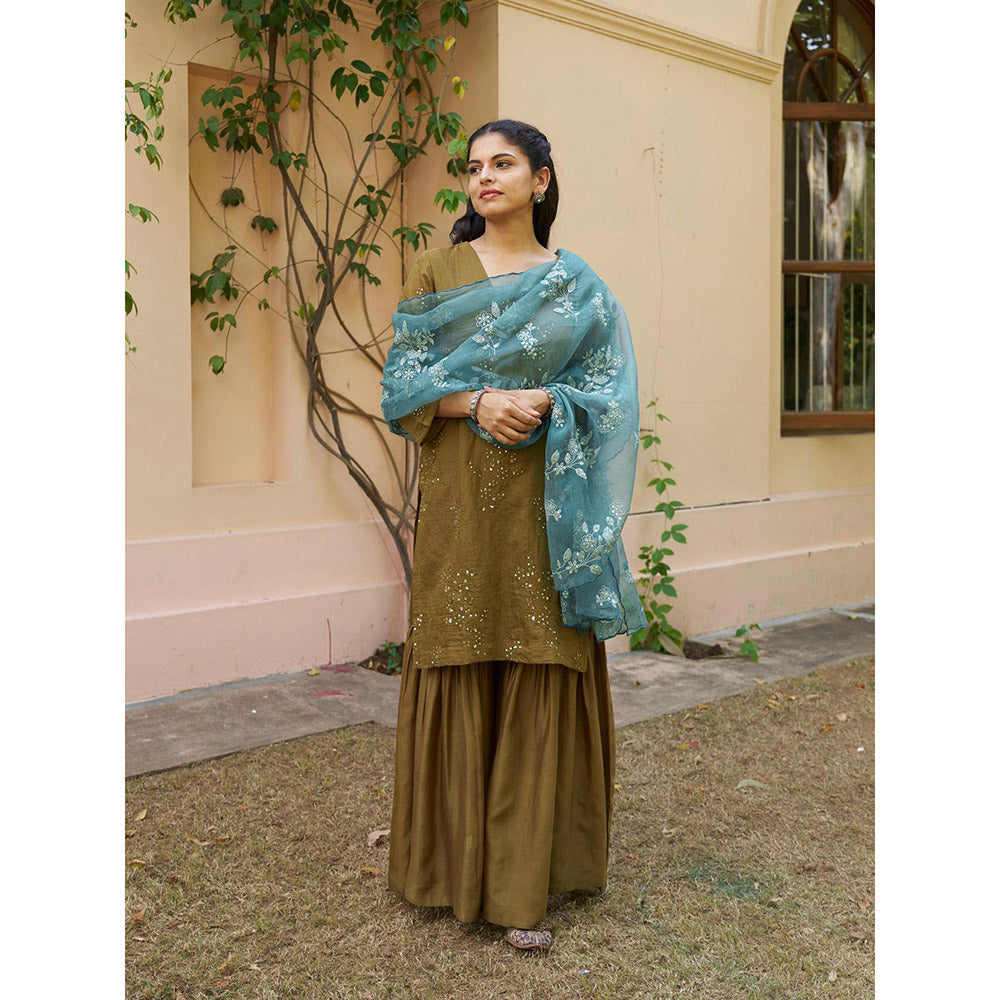 Naaz By Noor Kikli Olive Embroidered Kurta with Sharara and Dupatta (Set of 3)