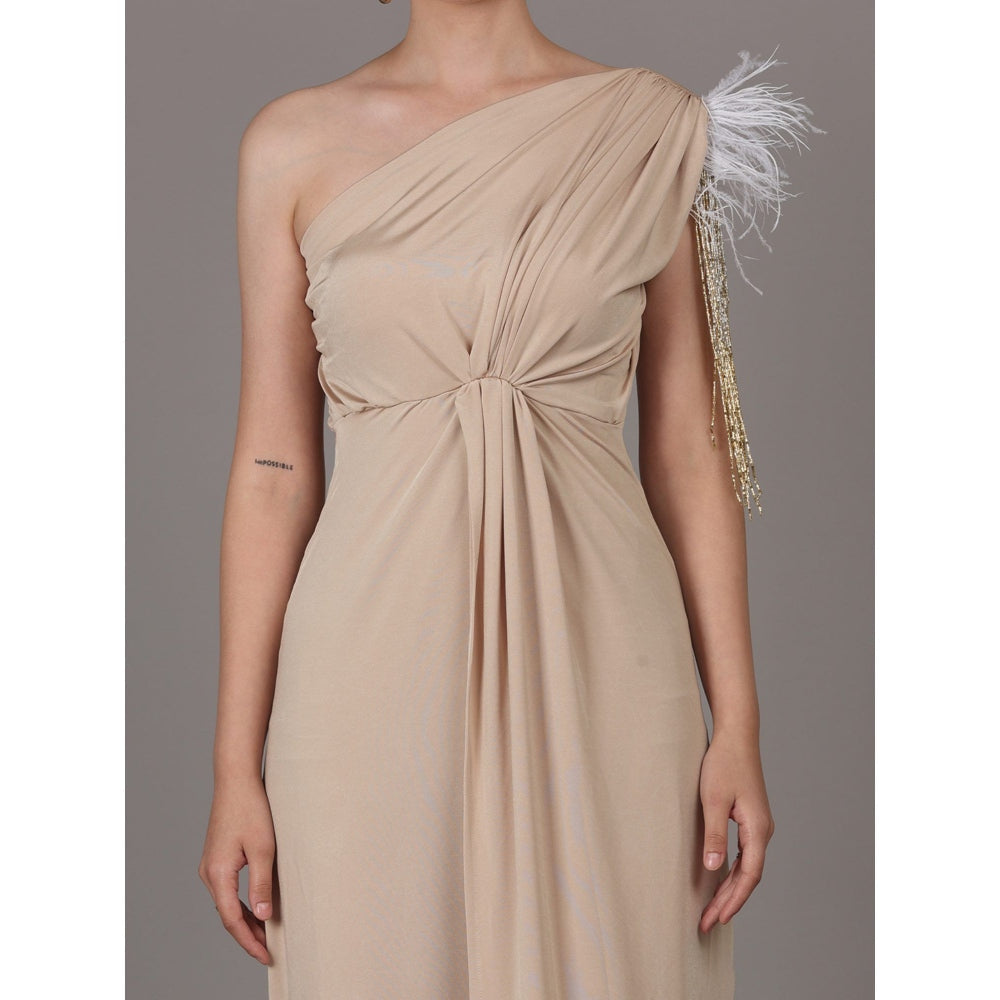 NAMAH BY PARUL MONGIA Sand Beige Lycra One Shoulder Maxi Dress