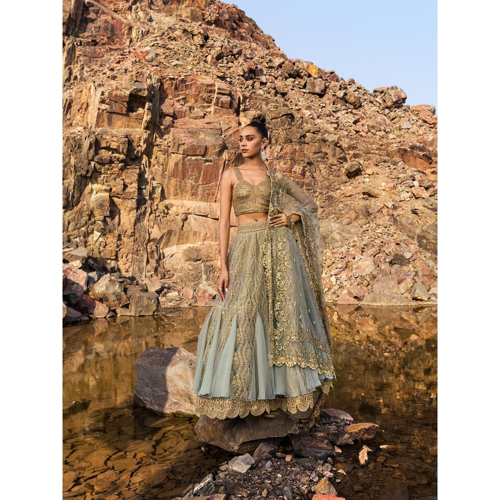 Nandita Thirani Sahara Gold Crochet Stitched Blouse Lehenga Choli with Dupatta (Set of 3)