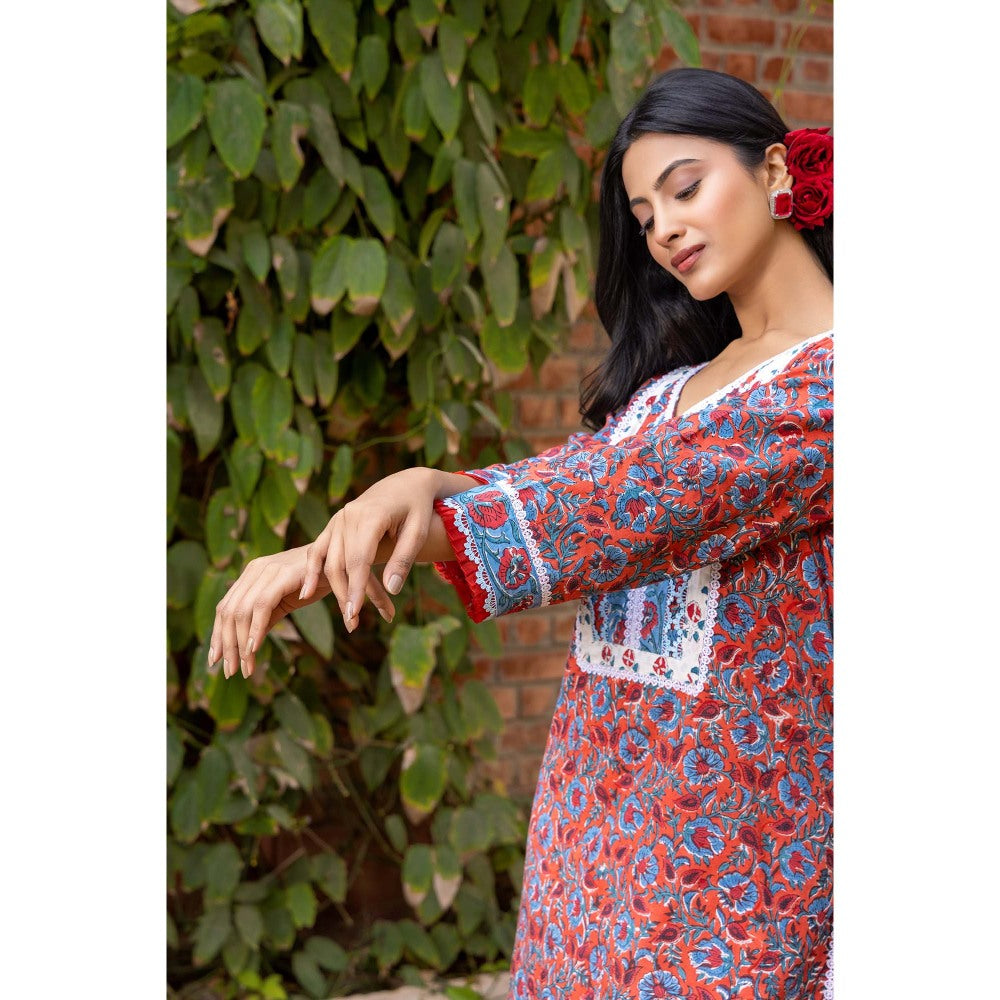 Naseebo Red Sapphire Bloom Hand Blocked Cotton Kurta with Pant and Dupatta (Set of 3)