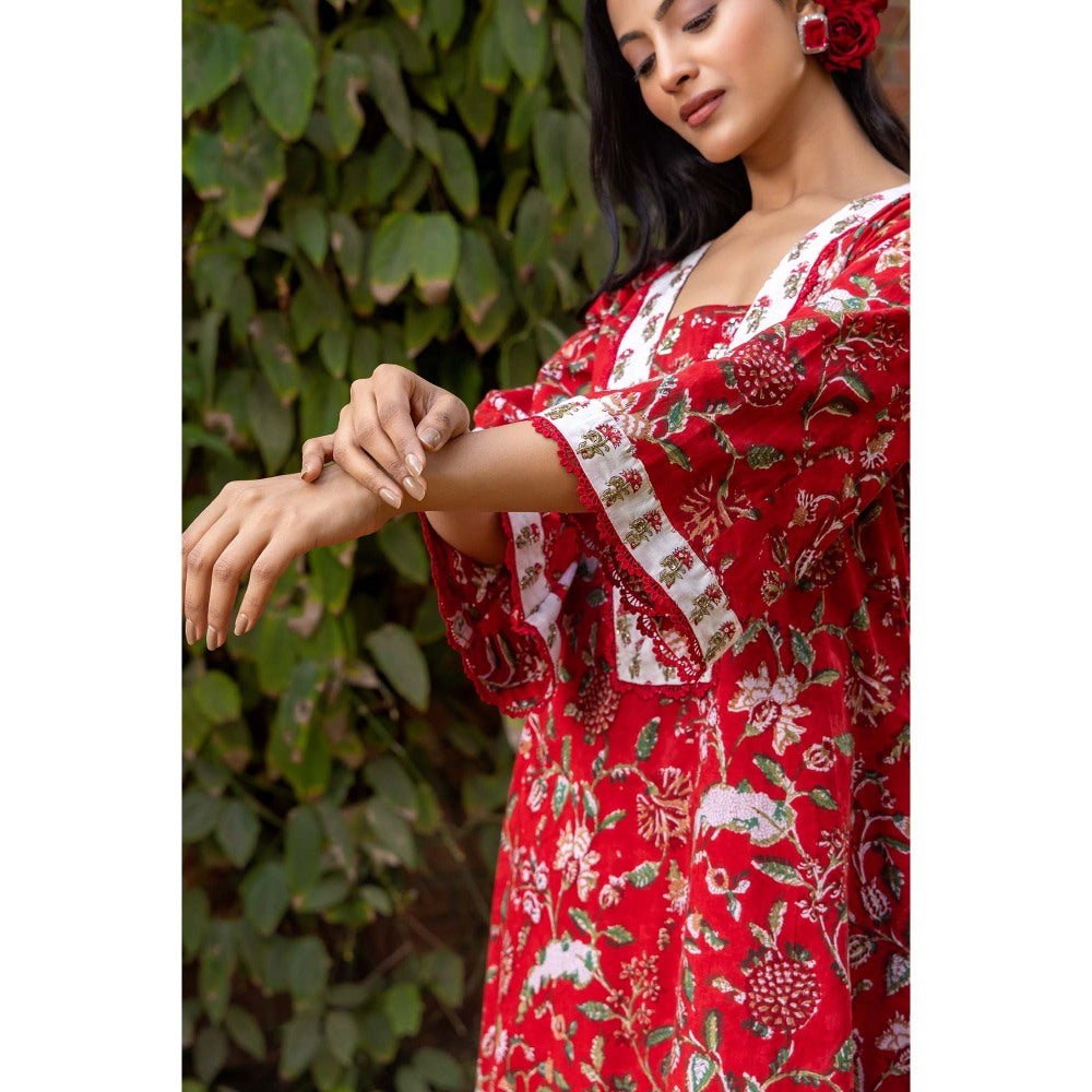 Naseebo Red Cherry Blossom Hand Blocked Cotton Kurta with Pant and Dupatta (Set of 3)