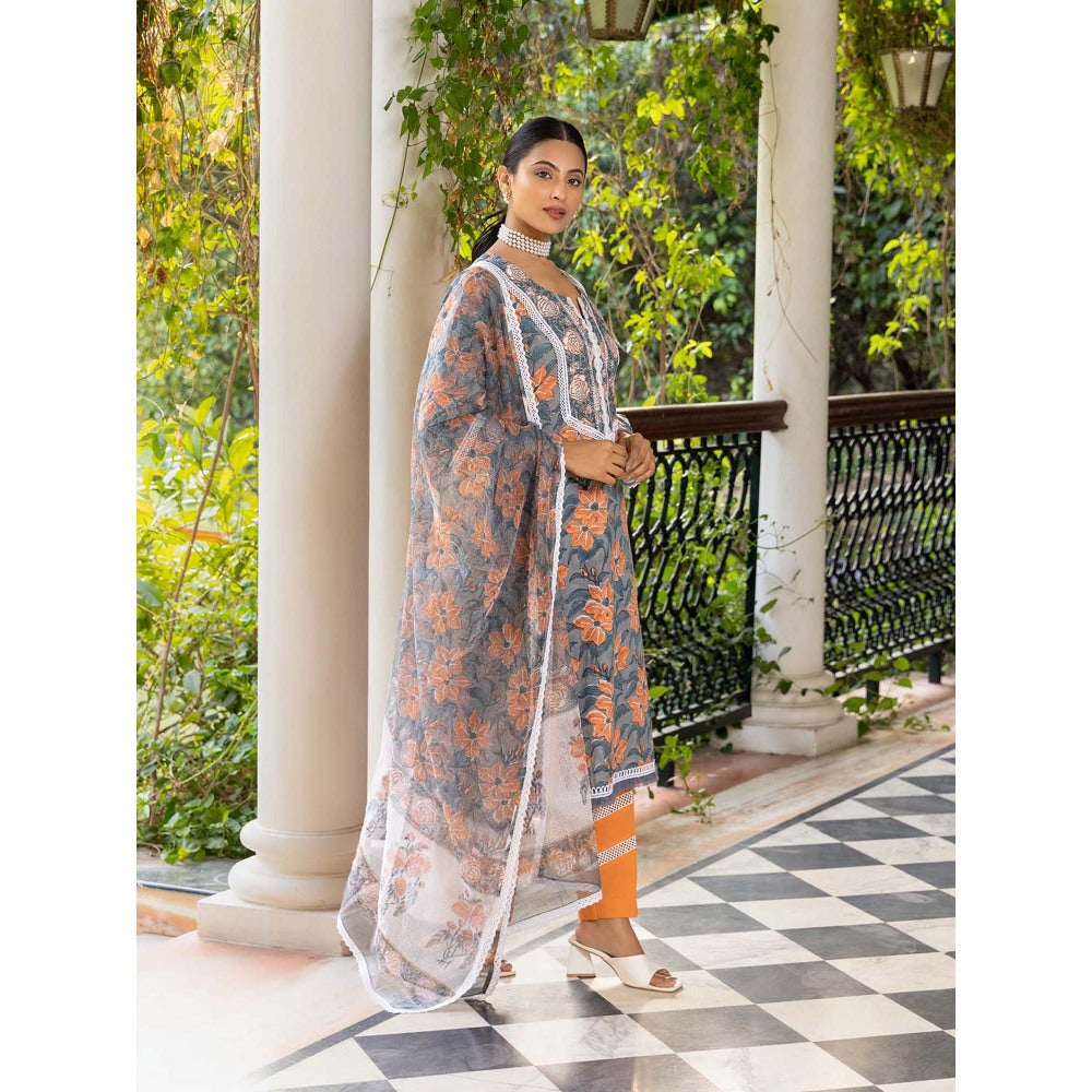 Naseebo Smoky Grey Hand Blocked Cotton Kurta with Pant and Dupatta (Set of 3)