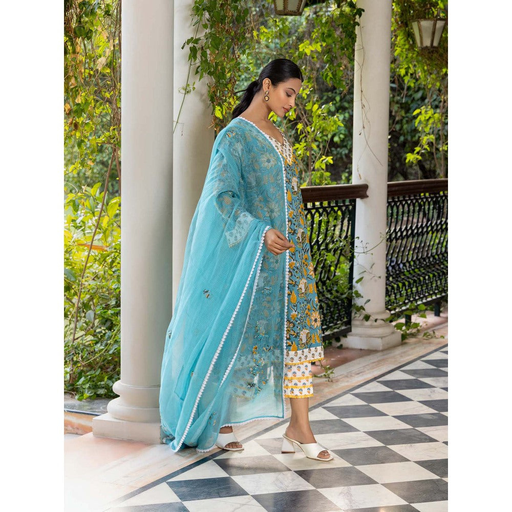 Naseebo Blue Amber Grace Hand Blocked Cotton Kurta with Pant and Dupatta (Set of 3)