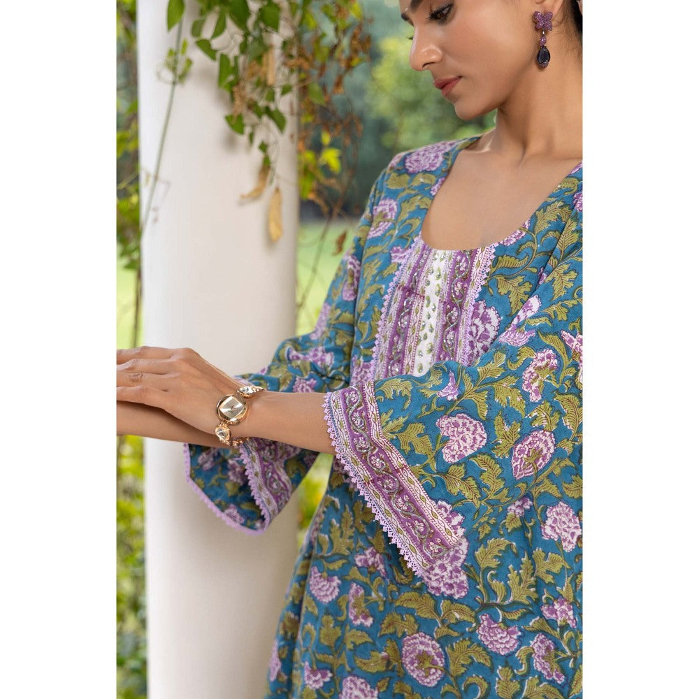 Naseebo Green Peacock Elegance Hand Blocked Cotton Kurta with Pant and Dupatta (Set of 3)