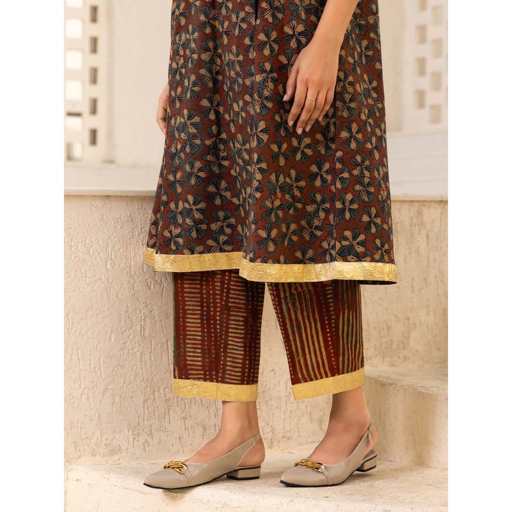 Naseebo Brown Floral Symphony Ajrakh Kurta with Pant (Set of 2)
