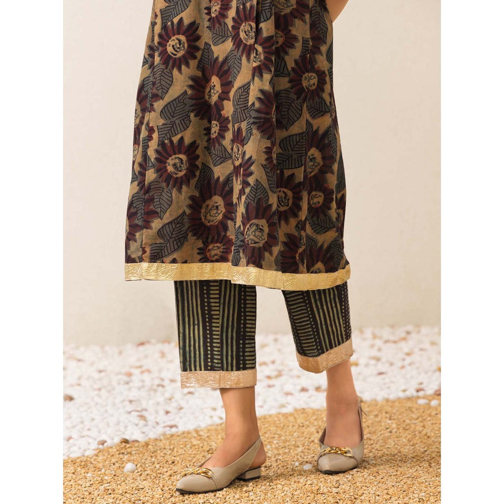 Naseebo Brown Sunflower Serenade Ajrakh Kurta with Pant (Set of 2)